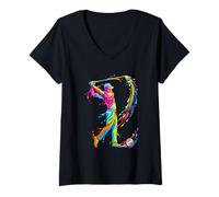 Women's Golfer Splash Watercolor Art V-Neck T-Shirt
