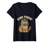 Womens Gone Fishin' Cute Cat Fishing Fisherman Funny Graphic V-Neck T-Shirt