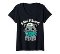 Womens Gone Fishin' Cute Cat Fishing Fisherman Funny Graphic V-Neck T-Shirt