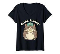 Womens Gone Fishin' Fishing Cute Cat Kitten Fisherman Funny Graphic V-Neck T-Shirt