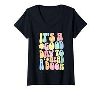 Women's Good Day to Read A Book Groovy Retro Pastel Reader V-Neck T-Shirt