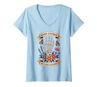 Women's Good Energy Contagious Skeleton Hand Floral V-Neck T-Shirt