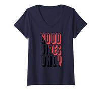 Womens Good Energy Vibes Only Retro Positive Typography V-Neck T-Shirt