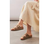 Womens Good For The Sole: Margaret Faux Leather Double Buckle Wedge Footbed Sandals Khaki 7