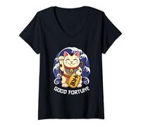 Women's Good Fortune Lucky Cat Maneki Luck Charm Neko Japanese V-Neck T-Shirt
