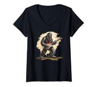 Womens Good looking Bigfoot with Electric Guitar Costume V-Neck T-Shirt