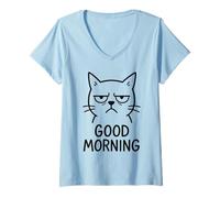 Womens Good Morning Cat Grumpy V-Neck T-Shirt