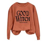 Women's GOOD WITCH MOST OF THE TIME Lettered Halloween Print Pullover Crew Neck Sweatshirt Color Top (Orange, M)
