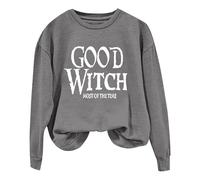 Women's GOOD WITCH MOST OF THE TIME Lettered Halloween Print Pullover Crew Neck Sweatshirt Color Top (Grey, XXXXL)