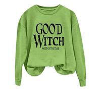 Women's GOOD WITCH MOST OF THE TIME Lettered Halloween Print Pullover Crew Neck Sweatshirt Color Top (Green, M)
