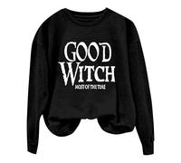 Women's GOOD WITCH MOST OF THE TIME Lettered Halloween Print Pullover Crew Neck Sweatshirt Color Top (Black, XXXL)