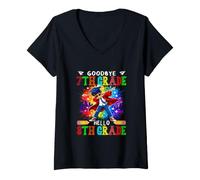 Women's Goodbye 7th Grade Hello 8th Grade Colorful Dabbing Kid Boy V-Neck T-Shirt