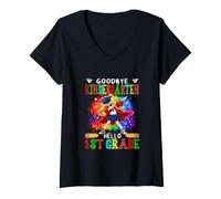 Women's Goodbye Kindergarten Hello 1st Grade Dabbing Kid Girl V-Neck T-Shirt