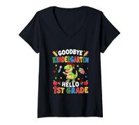 Women's Goodbye Kindergarten Hello 1st Grade Graduate T-Rex Students V-Neck T-Shirt