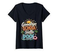 Women's Goodbye School Hello Pool Funny Summer Break Vacation V-Neck T-Shirt