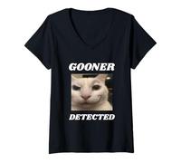 Womens Gooner Detected, Funny Gen Z Brain Rot Cat Meme V-Neck T-Shirt