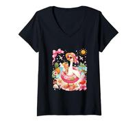 Women's Goose Floral Costume On Beach Matching Summer Vacation V-Neck T-Shirt