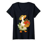 Women's Goose Gardening Summer Fruits Strawberry Cottagecore V-Neck T-Shirt