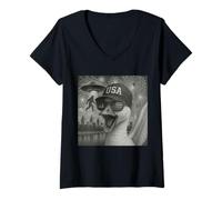 Womens Goose Selfie With Alien UFO American Flag 4th Of July V-Neck T-Shirt