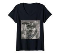 Womens Goose Selfie With Alien UFO American Flag 4th Of July V-Neck T-Shirt