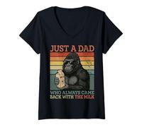 Womens Gorilla Dad, Just A Dad Who Always Came Back with The Milk V-Neck T-Shirt
