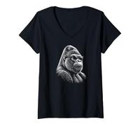 Women's Gorilla Face Monkey Angry Growling Scary Silverback Gorilla V-Neck T-Shirt