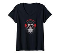 Womens Gorilla Face Monkey Angry Red Headphone Silverback Gorilla V-Neck T-Shirt