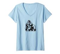 Womens Gorilla Face Monkey Angry Red Headphone Silverback Gorilla V-Neck T-Shirt