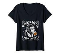 Womens Gorilla Tshirt Whiskey Goes in Wisdom Comes Out Funny Monkey V-Neck T-Shirt