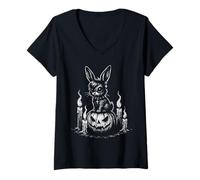 Womens Goth Bunny Emo Rabbit on Pumpkin Gothic Halloween V-Neck T-Shirt