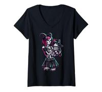 Women's Goth Girl Emo Gothic Cat Occult Grunge Skeleton Devil Kitty V-Neck T-Shirt