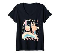 Womens Goth Grunge Demon Anime Girl Waifu Horror Alt Aesthetic V-Neck T-Shirt