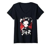 Womens Goth Grunge Demon Anime Girl Waifu Horror Alt Aesthetic V-Neck T-Shirt