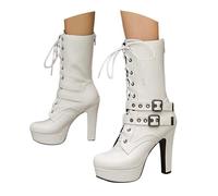 Women's Goth Rave Combat Boots Round Toe Platform Boots Mid Calf Lace up Buckle High Heel Zipper Motorcycle Punk Boot White