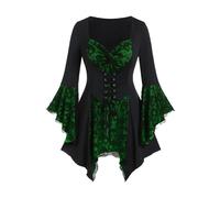 Women's Gothic 3/4 Sleeve Top V Neck Ruched Flared Sleeve Mesh Lace Up Tunic Medieval Petite Blouse, Green, M