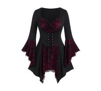 Women's Gothic 3/4 Sleeve Top V Neck Ruched Flared Sleeve Mesh Lace Up Tunic Medieval Petite Blouse, Wine Red, L