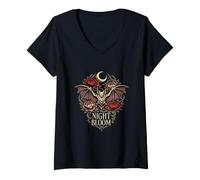 Women's Gothic Bat Moon and Peony Garden Halloween V-Neck T-Shirt