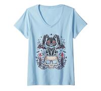 Women's Gothic Bunny on Skull Pastel Goth Kawaii Skeleton V-Neck T-Shirt