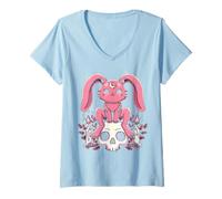 Women's Gothic Bunny on Skull Pastel Goth Kawaii Skeleton V-Neck T-Shirt