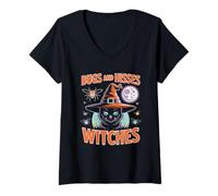 Womens Gothic Cat Magic Moon Halloween Witch Apparel V-Neck T-Shirt