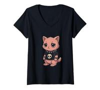 Women's Gothic cat with Skull-Shirt Pastel Goth Kawaii Skeleton V-Neck T-Shirt