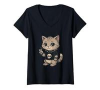 Women's Gothic cat with Skull-Shirt Pastel Goth Kawaii Skeleton V-Neck T-Shirt