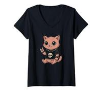 Women's Gothic cat with Skull-Shirt Pastel Goth Kawaii Skeleton V-Neck T-Shirt