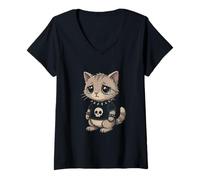 Women's Gothic cat with Skull-Shirt Pastel Goth Kawaii Skeleton V-Neck T-Shirt