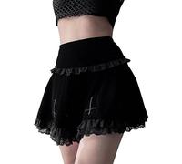 Women's Gothic Cross Embroidery Skirt Punk Vintage Velvet Skirt Y2K Ruffle Mini Skirt High Waist Harajuku Skirt Black