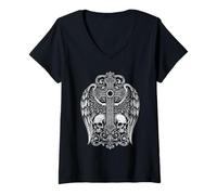 Womens Gothic Cross Skull Wings Grunge Y2K Punk Rock Tattoo V-Neck T-Shirt