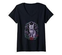 Womens Gothic Dark Flowers Roses Cat V-Neck T-Shirt