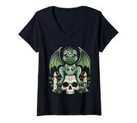 Women's Gothic Dino on Skull Pastel Goth Kawaii Skeleton V-Neck T-Shirt