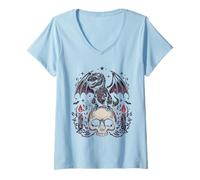 Women's Gothic Dino on Skull Pastel Goth Kawaii Skeleton V-Neck T-Shirt
