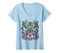 Women's Gothic Dino on Skull Pastel Goth Kawaii Skeleton V-Neck T-Shirt